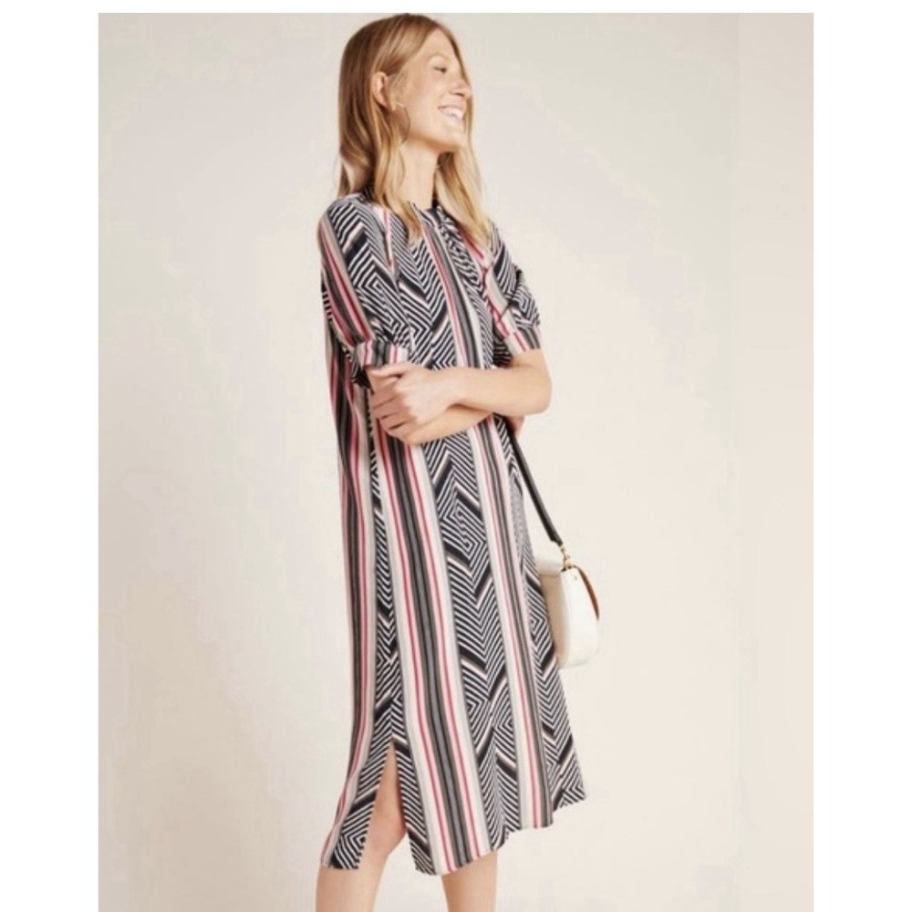 Anthropologie Pink, Black & White Striped Midi Dress